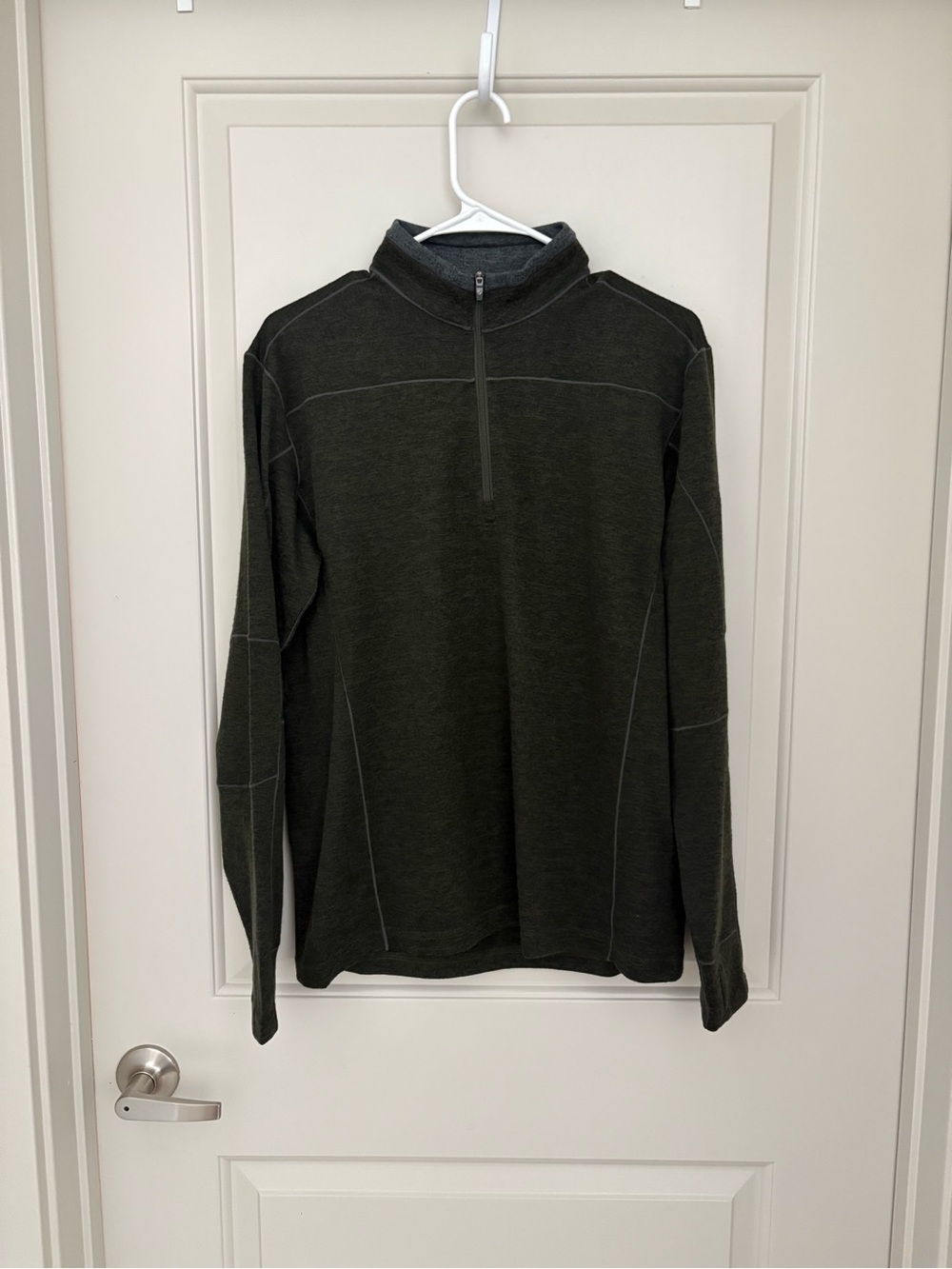 Kuhl Men's Quarter-Zip Sweater in Dark Olive with Contrast Stitching